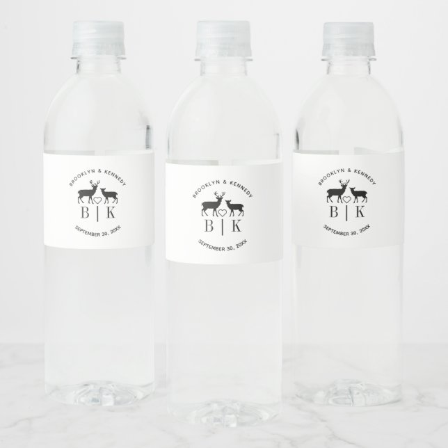 Couple Name Deer Monogram Rustic Country Wedding Water Bottle Label (Bottles)