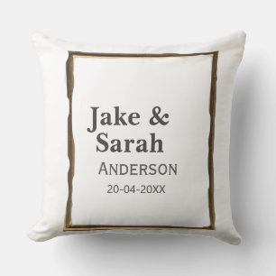 Couple name gray golden frame border wedding date  cushion