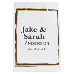 Couple name gray golden frame border wedding date medium gift bag