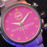Couple Names Monogram Minimal Style Pink Watch<br><div class="desc">Couple Names Monogram Minimal Style Pink Background, Yellow Roman Numerals Celebrate love with this minimalist custom monogram watch, featuring a soft pink background and elegant yellow Roman numerals. This personalized timepiece is designed for couples who appreciate modern simplicity and timeless elegance. Customizable with your names or initials, it makes an...</div>