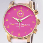 Couple Names Monogram Minimal Style Pink Watch<br><div class="desc">Couple Names Monogram Minimal Style Pink Background, Yellow Roman Numerals Celebrate love with this minimalist custom monogram watch, featuring a soft pink background and elegant yellow Roman numerals. This personalized timepiece is designed for couples who appreciate modern simplicity and timeless elegance. Customizable with your names or initials, it makes an...</div>