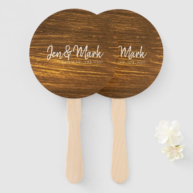 Couple Names, State, Wedding Date on Gold Streaks Hand Fan (Front and Back)