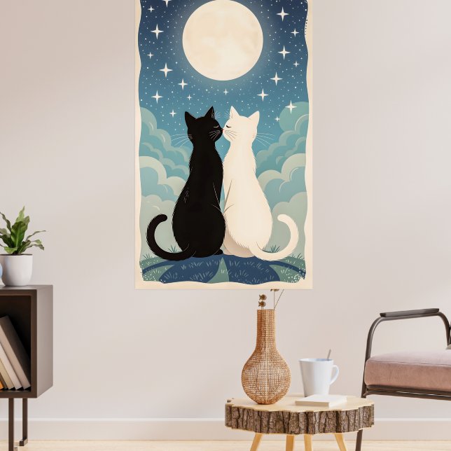 Couple of Cats in Love Kissing Under the Moon Poster (Living Room 3)