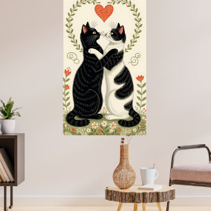 Couple of Cats in Love With Floral Heart Poster