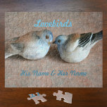 Couple of Lovebirds with His and Her Names Jigsaw Puzzle<br><div class="desc">This LOVEly jigsaw puzzle is made for a couple of Lovebirds. In muted tones of blue, orange and white, two lovebirds share a kiss. Share the Love and the challenge of this beautiful jigsaw puzzle as a sentimental, but fun engagement, wedding or anniversary gift and personalise with the Lovebirds names....</div>