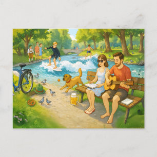 Couple on Bench at Eisbach English garden Munich Holiday Postcard