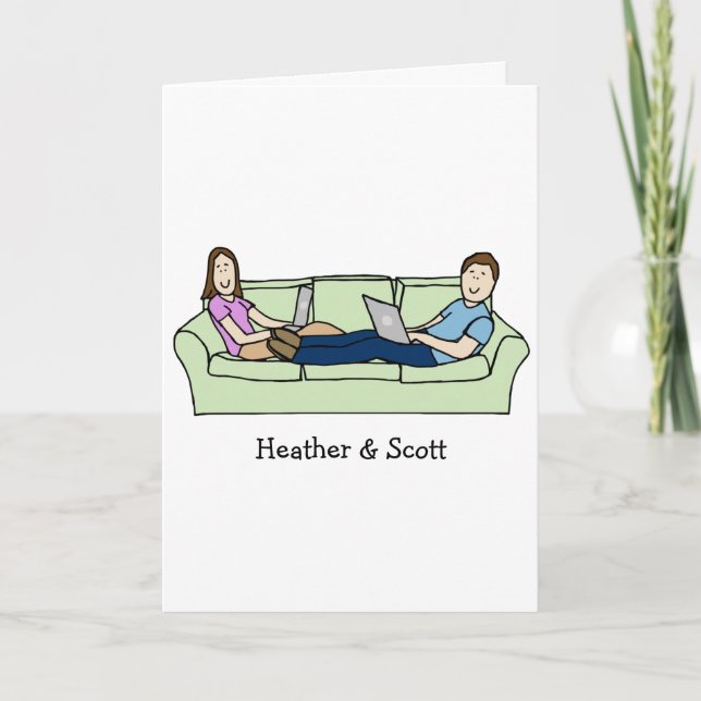 Couple on laptops- custom cartoon card (Front)