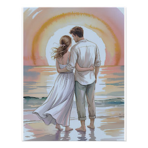 Couple on the beach at sunset photo print
