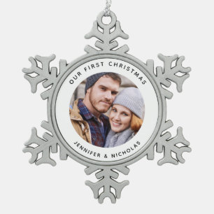 Couple Our First Christmas Photo  Snowflake Pewter Christmas Ornament