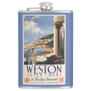 Couple Overlooking Coast Railway Poster Hip Flask