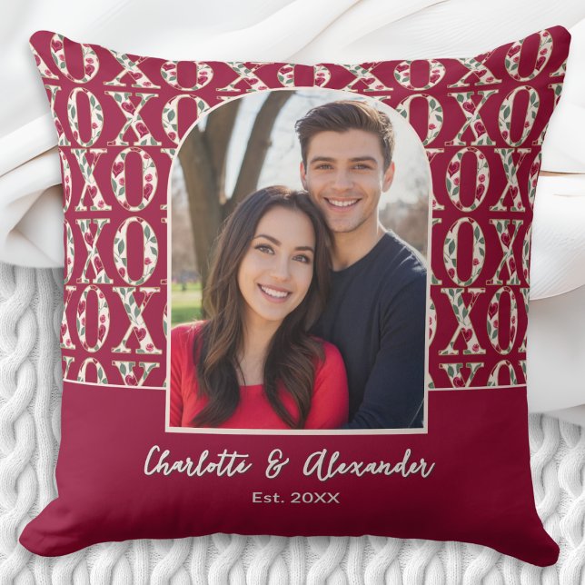 Couple Photo Arch XOXO Patterned Personalized Cushion (A personalized red throw pillow with custom couple photo in an arch frame, with names and est. date)