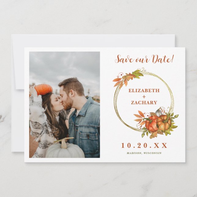 Couple Photo Autumn Pumpkins Fall Wedding Save The Date (Front)