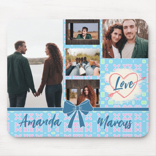Couple Photo Collage Love Blue Pattern  Mouse Pad (Front)