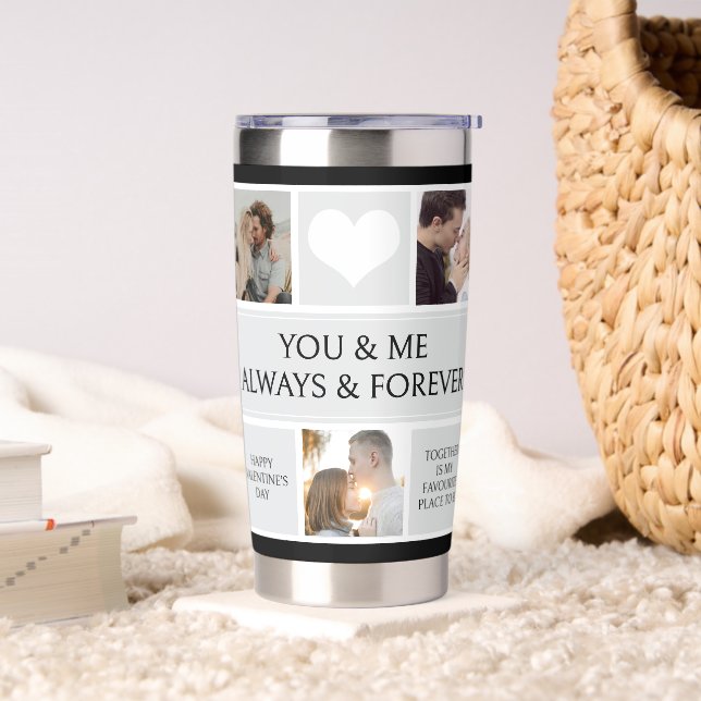 Couple Photo Collage Valentine Black Water Bottle Insulated Tumbler (Living Room)