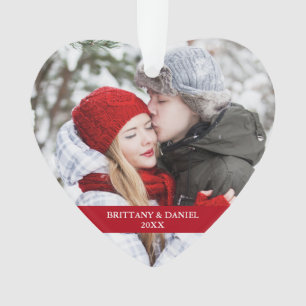 Couple Photo Front   Snowflakes Back Red Heart Ornament