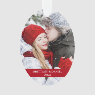 Couple Photo Front   Snowflakes Back Red Oval Ornament