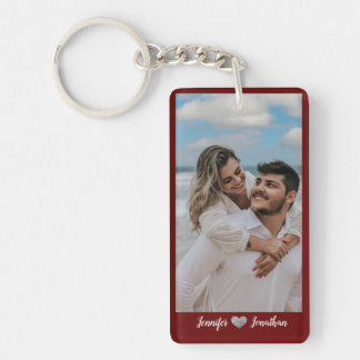 Couple Photo Glitter Silver Heart Burgundy  Names Key Ring