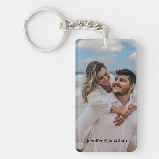 Couple Photo Glitter Silver Heart  Navy Blue Names Key Ring (Front)