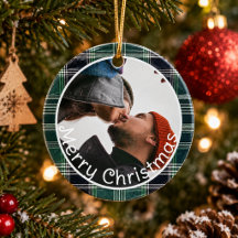 Couple Photo l Green Plaid Gingham Merry Christmas
