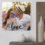 Couple Photo Love and Hearts Calligraphy Square Wall Clock<br><div class="desc">Create your own unique photo clock. The photo template is set up ready for you to add your own picture which will automatically fill the entire clock face. The hand lettered text overlay simply reads "love" in beautiful calligraphy with love hearts at each end. You can customise this versatile, frameless...</div>