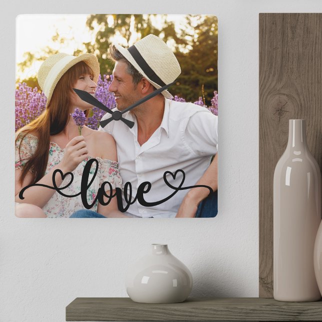 Couple Photo Love and Hearts Calligraphy Square Wall Clock (Single square photo, minimal picture clock with "love" handlettered with love hearts)