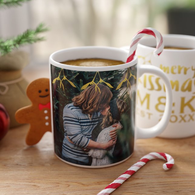 Couple Photo Monogram Mistletoe Coffee Mug (Merry Kissmas! Upload your photo, add your initials and year )