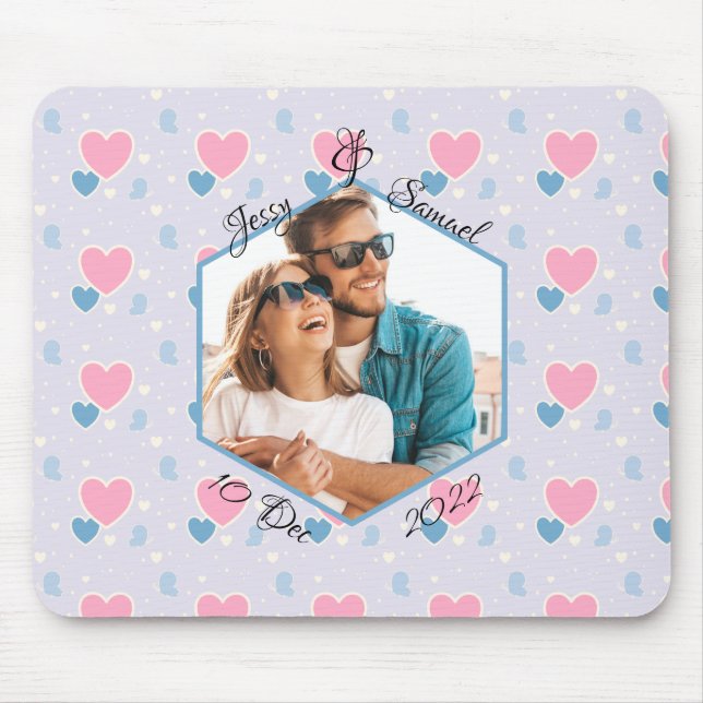 Couple Photo Names Blue Pink Hearts Pattern Mouse Pad (Front)