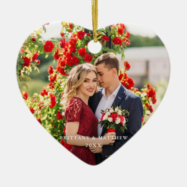 Couple Photo Names Year Heart Ceramic Tree Decoration (Front)