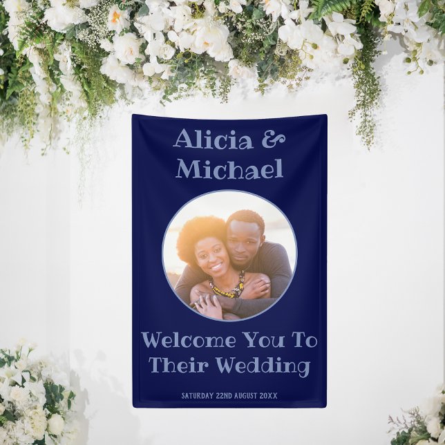 Couple Photo Navy Blue Wedding Welcome Banner (Wedding Welcome Vertical Banner)