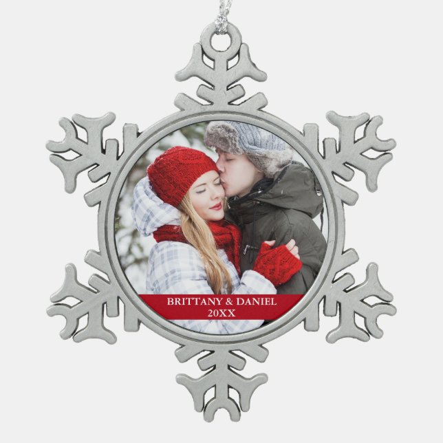 Couple Photo Red Snowflake Snowflake Pewter Christmas Ornament (Front)
