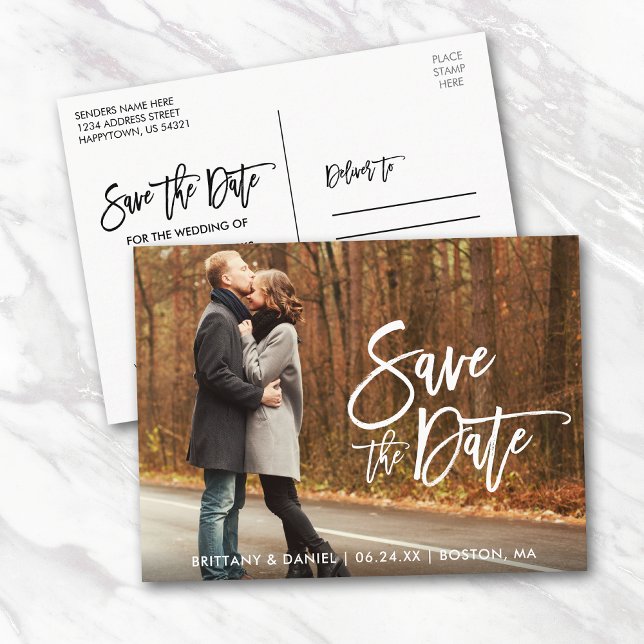 Couple Photo Save The Date Modern Brush Script Postcard (Customize to change your personalized text size or text style.)