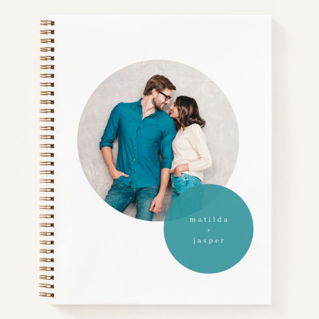 Couple Photo Teal Circle Modern Minimal White Notebook (Front)