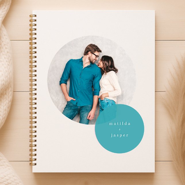 Couple Photo Teal Circle Modern Minimal White Notebook (Creator Uploaded)