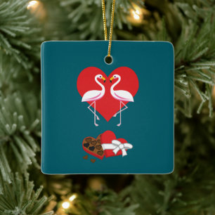 Couple Pink Flamingo and a Box of Chocolate Ceramic Ornament