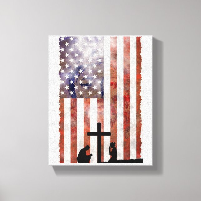 Couple Praying at Cross. Flag, Jesus Background Canvas Print (Front)