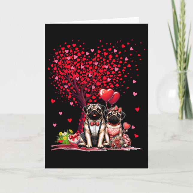 Couple Pugs Cotume Valentine's Day Tree Cute Heart Card (Front)