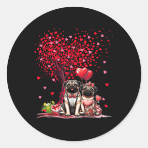 Couple Pugs Cotume Valentines Day Tree Cute Hearts Classic Round Sticker