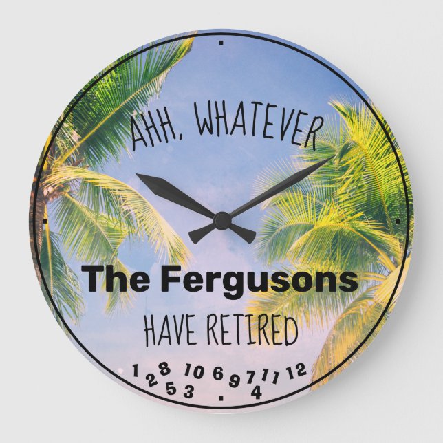 Couple Retired Family Name Palm Trees Retirement   Large Clock (Front)