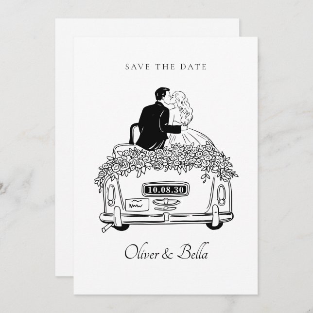 Couple ride a car wedding  invitation (Front/Back)