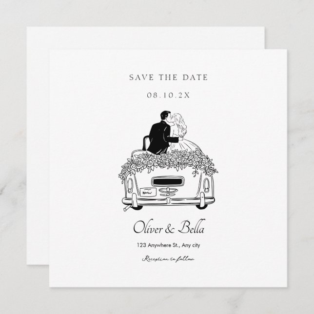 Couple ride a car wedding  invitation (Front/Back)