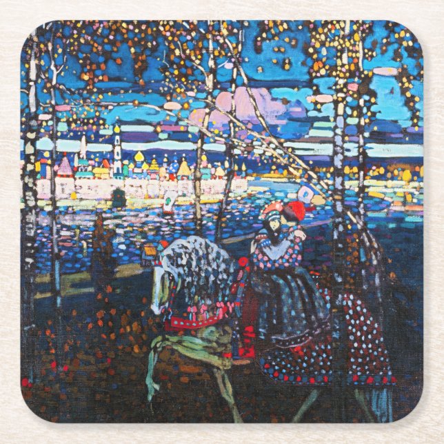 Couple Riding a White Horse, Wassily Kandinsky Square Paper Coaster (Front)