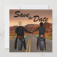 Couple Riding Motorcycles on Rocky Highway Wedding