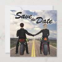 Couple Riding Motorcycles Road and Fields Wedding