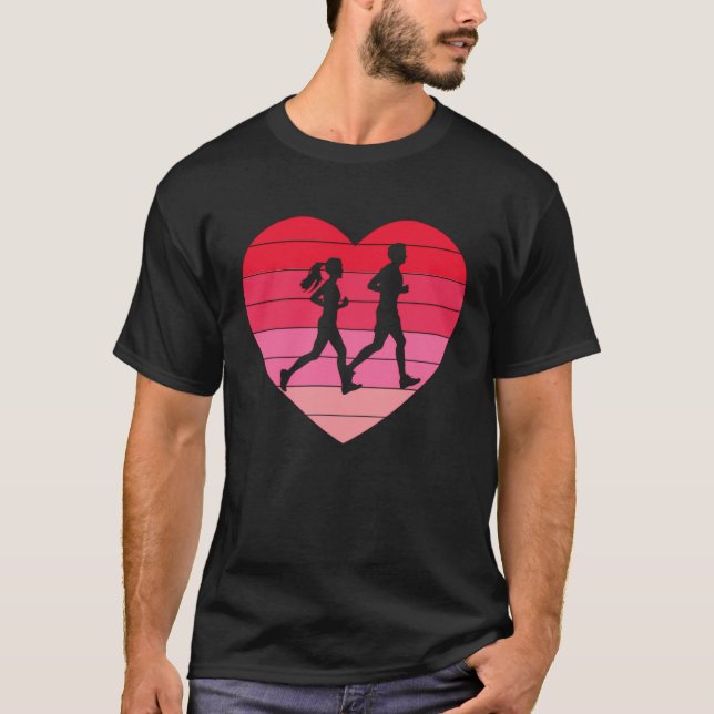 Couple Runner Retro Valentine Heart Love Trail Run T-Shirt (Front)