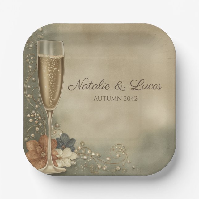 Couple’s Champagne Floral Wedding Shower Paper Plate (Front)