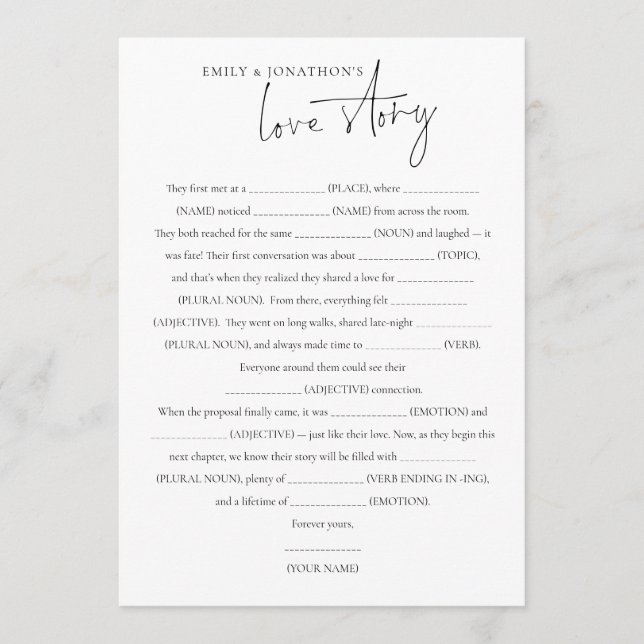Couple’s Love Story Wedding Game Card (Front)
