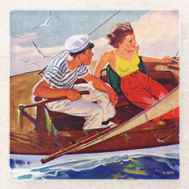 Couple Sailing by R.J. Cavaliere Glass Coaster (Front)