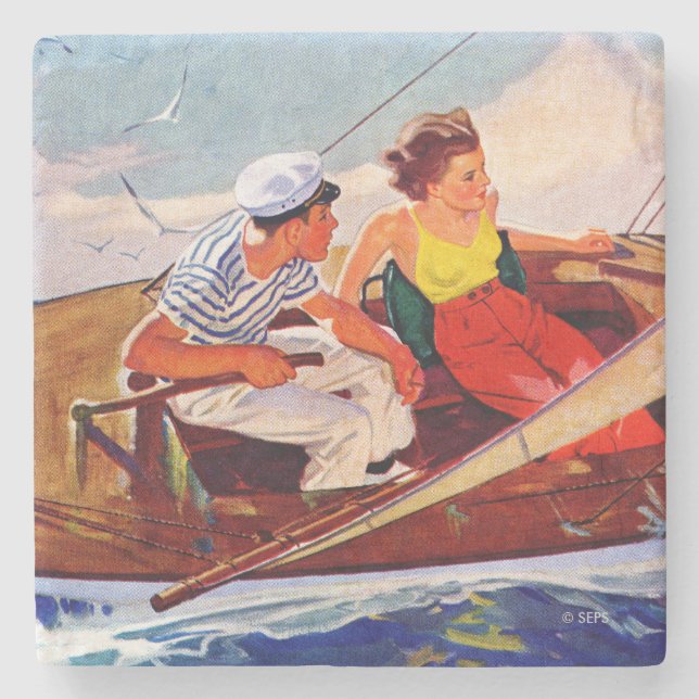Couple Sailing by R.J. Cavaliere Stone Coaster (Front)
