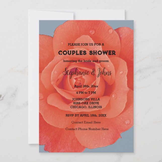 Couple Shower Orange Floral Dusty Blue Wedding Invitation (Front)