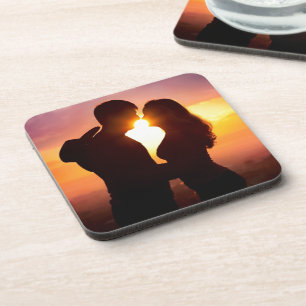 Couple Silhouette At Sunset Coaster